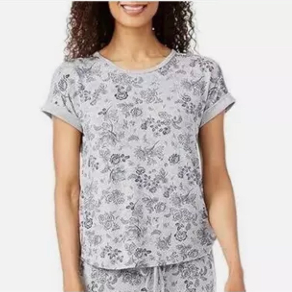 Lucky Brand Short Sleeve Floral Tee Size XL Grey Blue Lightweight Lounge Leisure